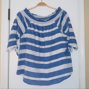-Blue and white striped off the shoulder top